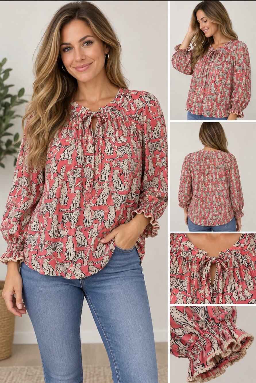 Democracy 1X Coral Tiger Cheetah Animal Print Boho Peasant Blouse Ruffle Sleeve